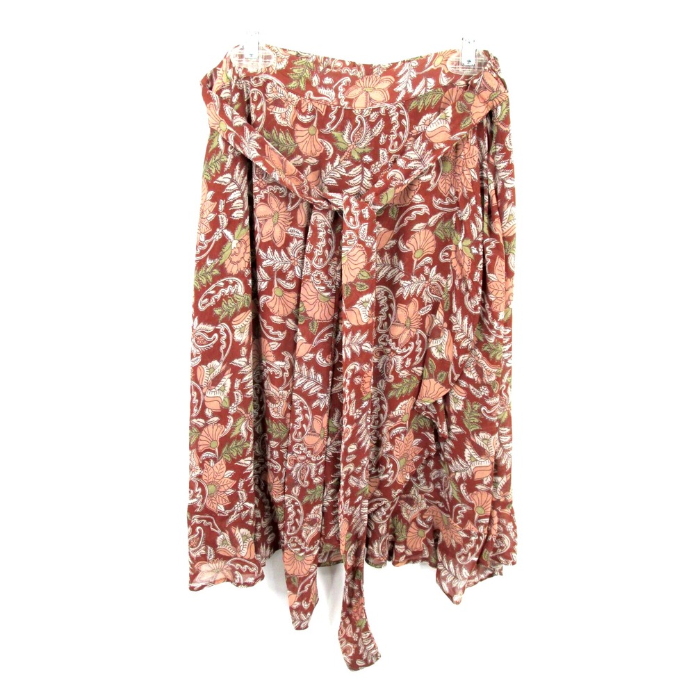 Anthropologie Botanical Floral Brown Mocha Faux Wrap Midi Skirt XS